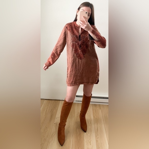 Soft Surroundings Burnt Orange Acid Washed Embroidered Tunic Mini Dress Medium - Picture 1 of 11